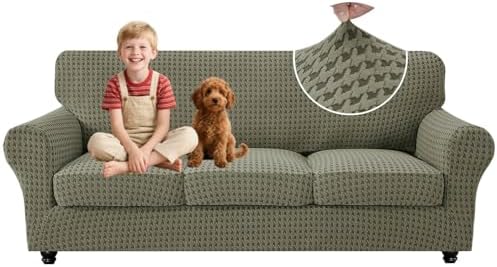 MAXIJIN 4 Pieces Stretch Couch Covers for 3 Cushion Sofa Pet Friendly Couch Cover for Dogs Washable Sofa Slipcovers Thick Soft Furniture Protector with Non Slip Strap (Army Green, 71"-91")