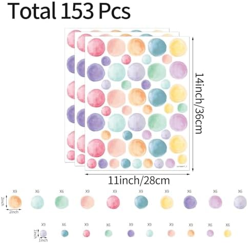 153 Pcs Watercolor Polka Dot Wall Decals Peel & Stick Vinyl Dots Stickers for Bedroom, Nursery, Playroom & Classroom Decor