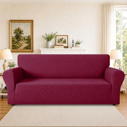 ZNSAYOTX 1 Piece Stretch Sofa Covers for 3 Cushion Couch (72"-90"), New Plaid Couch Cover with Non-Slip Buckle for Dog Pets, Ultimate Soft Cozy Washable Sofa Slipcover Form Fit Protector, Wine Red