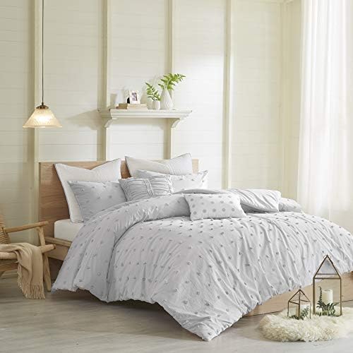 Intelligent Design Duvet Set 100% Cotton Jacquard, Tufts Accent, Shabby Chic All Season Cover for Comforter, Matching Shams, Decorative Pillows, King/California King (104 in x 92 in), Grey 7 Piece