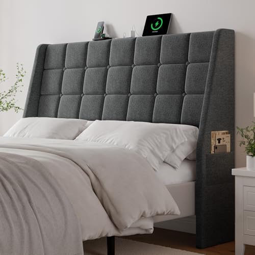 ONBRILL Ergonomic Headboard Queen Size with Charging Station, Dark Grey