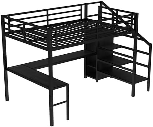 Queen Size Loft Bed with Desk and Wardrobe, Metal Heavy Duty Loft Bed with Storage Stairs, LED Lights, USB Port, LoftBed Frames for Kids, Junior, Space Saving, Noise Free (Black, Queen)