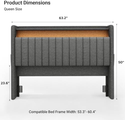 S.E.C.D Upholstered Queen Size Headboard Only, 2-Tier Storage, Dark Gray