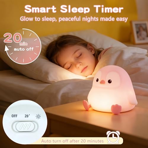 FAMIDUO Penguin Night Light,Pink Penguin Lamp,Soft Silicone Nursery Light