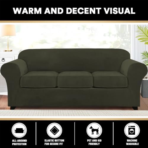 PrinceDeco Velvet Couch Covers for Sofa Soft 4 Pieces Couch Covers for 3 Cushion Couch Sofa Pet Friendly Furniture Protector with Non Slip Elastic Bottom Width Up to 90 Inch (Large, Olive)