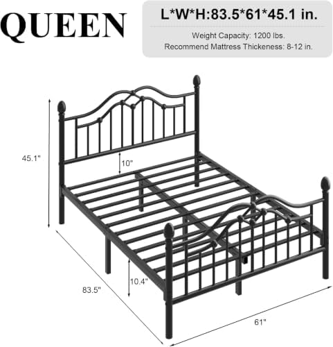 Queen Size Bed Frame with Victorian Headboard & Footboard, Black