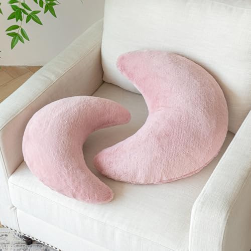 Moon Pillow, Decorative Throw Pillows with Soft Faux Rabbit for Bed Couch, Moon Shaped Pillows Plush Floor Cushions Room Decor Pillow for Sofa Bedroom Living Room (Grey Pink, 19.6 Inches)