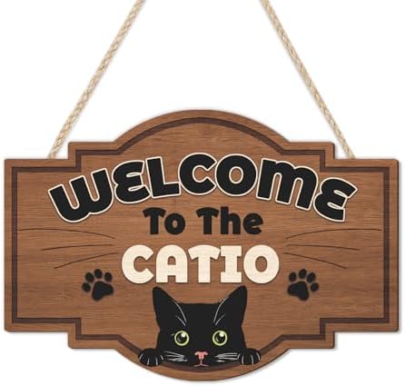 HLNIUC Welcome To The Catio Wood Sign(11”x8”) Funny Black Cats Wall Decor,Cute Black Cat Door Signs,Cats Home Porch Hanging Plaque,Animal Welcome People Tolerated Sign for cat Lover Front Door