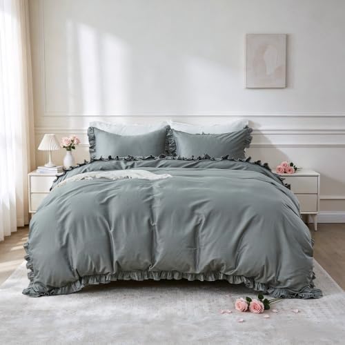 Simple&Opulence Kids 100% Organic Cotton Duvet Cover with Ruffle 104 x 92-3 PCS High End Floral Frill Lace Bedding, Romantic Cottagecore Style Comforter Cover with 2 Pillowcases, Gray King