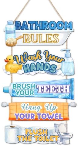 HLNIUC Colorful Bathroom Rules Wood Decor,Watercolor Playful Cartoon Bathroom Wooden Hanger,Duck Bubble Bath Hanging Signs,Toothpaste Wall Decor,Towel Rack Wall Sign For Bathroom Home Decoration