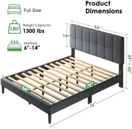 Marsail Full Size Bed Frame with Headboard - Upholstered, Adjustable,6"-12" Mattress Fit, 1300 lbs Capacity, Sturdy 12-Leg Wood Construction, Easy Assembly, Dark Gray