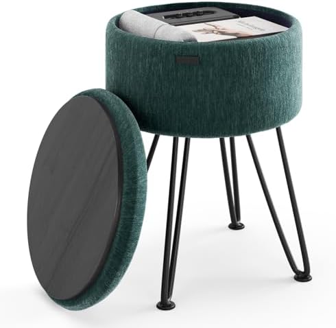 Round Ottoman with Storage, Textured Velvet Storage Ottoman, Foot Stool Ottomans, Makeup Vanity Stool, Small Ottomans Foot Rest, Modern Vanity Stools for Living Room and Bedroom, Green