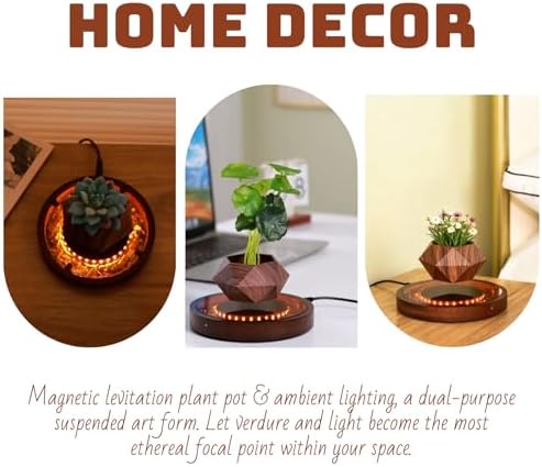 MOOCCI Levitating Plant Pot with Light, Magnetic Floating Flower Pot with Rotating and Auto-Spinning, Brown Wood Grain Planter for Succulents, Cool Desk Decor for Home Office, Unique Gift Idea