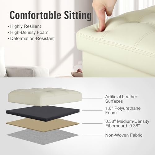 Ottoman with Storage for Dorm, Upgraded 17" Height Folding Foot Rest, Beige