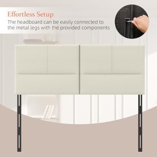 Upholstered Headboard King Size, Solid Wood Head Board with Sturdy Metal Legs, Leather Bed Headboard with Height Adjustable, Grayish White