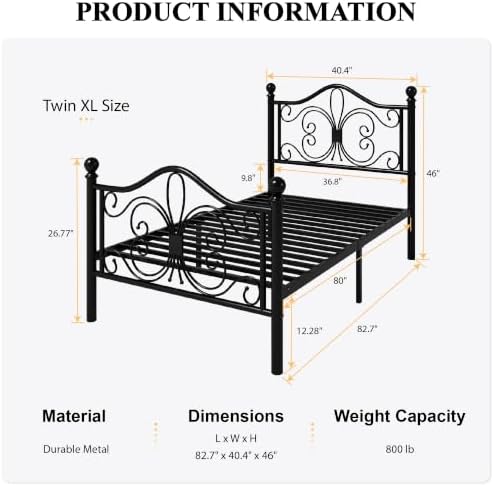 SHA CERLIN Twin XL Size Metal Bed Frame with Butterfly Headboard, Black