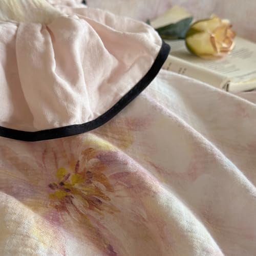 AOJIM Floral Print Duvet Cover Queen, 3-Piece Cotton Crinkle Double-Layer Gauze Vintage Ruffled Bedding Set with Allover Floral Print & Lace Edging - Soft Comforter Cover with Zipper & 2 Pillowcases