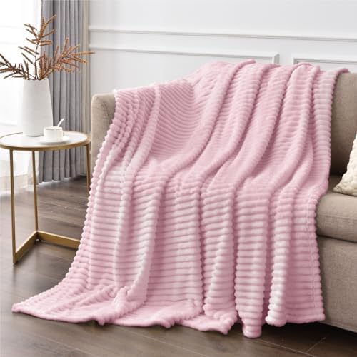 BEDELITE 3D Ribbed Cherry Pink Fleece Twin Blanket for Couch, 60x80 Inch