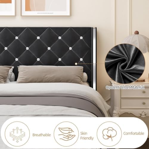 HOMBCK Twin Bed Frame with Velvet Headboard, Silverside Wingback, Black