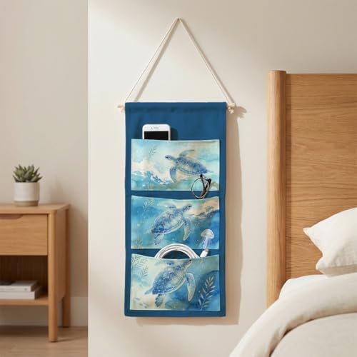 IAXIC Canvas Wall Hanging Organizer with Pockets Fish Extender Hanging Pouch Watercolor Turtle Door Closet Organizers Fabric Storage Pockets Wall Decoration