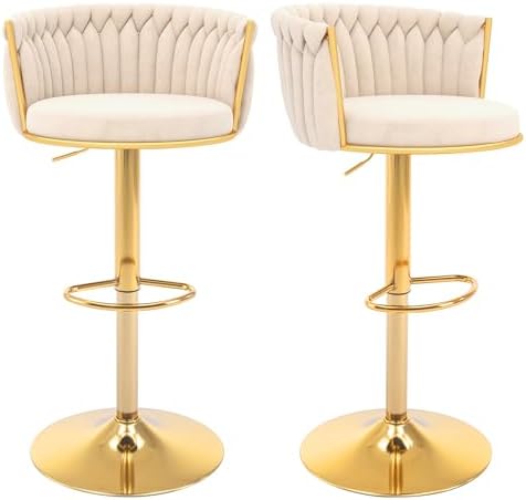 Gold Bar Stools Set of 2, Adjustable Bar Height Stools, Velvet Swivel Bar Chairs with Woven Backrest, Metal Footrest & Base, Upholstered Counter Stools for Kitchen Island, Beige