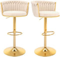 Gold Bar Stools Set of 2, Adjustable Bar Height Stools, Velvet Swivel Bar Chairs with Woven Backrest, Metal Footrest & Base, Upholstered Counter Stools for Kitchen Island, Beige