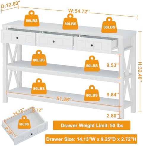 FATORRI Console Table for Entryway, 54.72 Inch Long Wood and Metal Sofa Table with 3 Drawers for Living Room, Farmhouse Hallway Tables and Modern Couch Tables Behind Sofa, White Oak