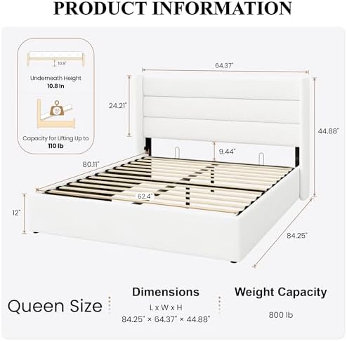 SHA CERLIN Queen Size Lift Up Hydraulic Storage Bed Frame White