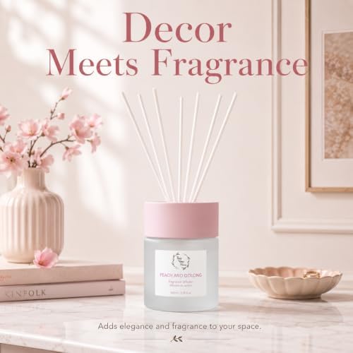 Reed Diffuser Set, 3.38 fl oz (100 ml) - White Peach & Oolong Oil Diffusers with Reed Sticks, Home Fragrance Reed Diffuser for Bathroom Shelf Decor