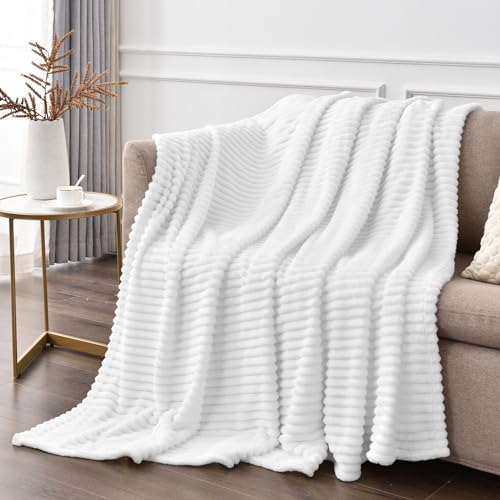 BEDELITE Ribbed Jacquard White Fleece Throw Blanket for Couch, 50x60 Inch