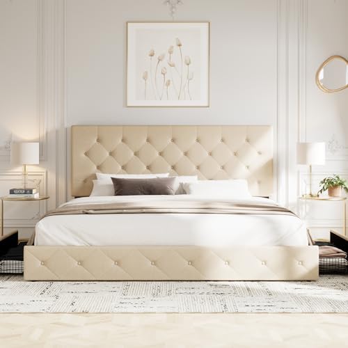 Allewie King Size Storage Bed Frame with 4 Underbed Drawers, Upholstered Platform Bed with Adjustable Headboard, Diamond Button Tufted, Easy Assembly, Noise-Free, No Box Spring Needed, Beige
