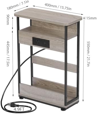YEAKOO Narrow Side Table with Charging StationSmall Spaces Narrow End Table