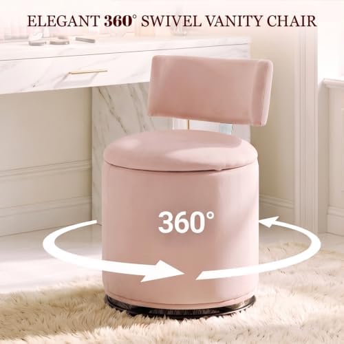 Swivel Vanity Chair with Storage, Velvet Makeup Stool with Higher Back for Living Room, Bedroom, Dressing, Pink