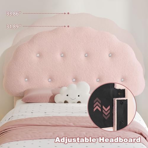 Decofy Full Size Bed Frame with Headboard and LED Lights, Cloud Floating Upholstered Bed Frames with Adjustable Headboard and Raised Footboard for Princess and Prince Bedroom, Teddy Velvet, Pink