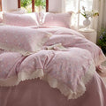 LifeTB Pink Floral Duvet Cover Twin XL, Muslin Cotton Romantic Ruffle Duvet Cover with 2 Pillowcases, Botanical Flower Soft Gauze Comforter Cover, Cottagecore Style Princess Lace Bedding Set