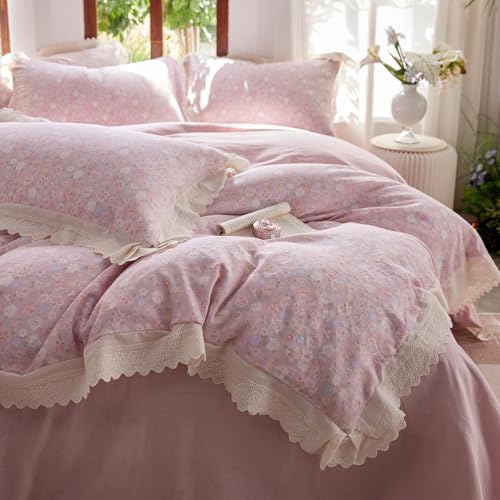 LifeTB Pink Floral Duvet Cover Twin XL, Muslin Cotton Romantic Ruffle Duvet Cover with 2 Pillowcases, Botanical Flower Soft Gauze Comforter Cover, Cottagecore Style Princess Lace Bedding Set