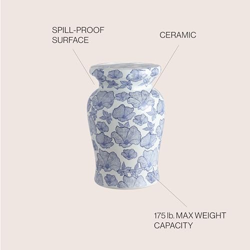 JONATHAN Y Poppies 17.75" Ceramic Drum Garden Stool Side Table, White/Blue