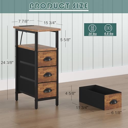 sthmec End Table with Charging Station,Narrow Side Tables with USB Ports and Outlets,Skinny Bedside Tables with 3 Drawers,Small Nightstands for Small Space,Slim Sofa Table for Livingroom,Rustic Brown