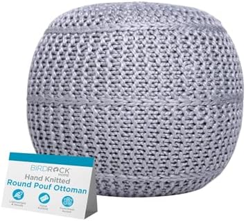 BIRDROCK HOME Round Pouf Foot Stool Ottoman - Knit Bean Bag Floor Chair - Cotton Braided Cord - Great for The Living Room, Bedroom and Kids Room - Small Furniture (Soft Silver)