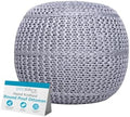 BIRDROCK HOME Round Pouf Foot Stool Ottoman - Knit Bean Bag Floor Chair - Cotton Braided Cord - Great for The Living Room, Bedroom and Kids Room - Small Furniture (Soft Silver)
