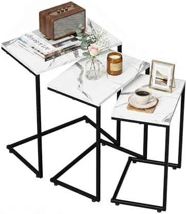 SUPER DEAL Nesting Tables Set of 3, Industrial C Shaped End Table Stackable Coffee Table Heavy Duty Metal Frame for Small Space, Living Room, Bedroom, Side Table Tray for Laptop Snack, White