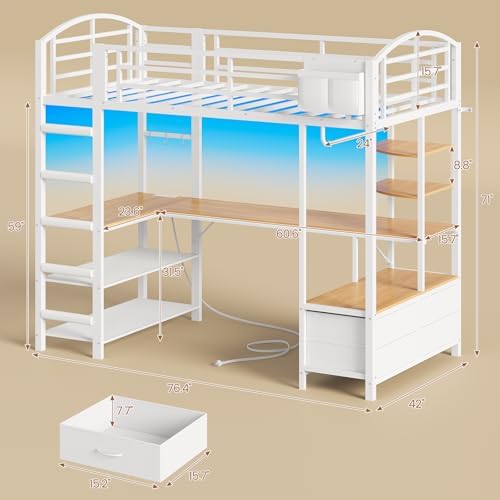 Twin Size Gaming Loft Bed with Desk, 4 Fabric Drawers, RGB LED Lights & Under-Bed Play Zone with Soft Padded 2-Step Ladder, Space-Saving Bed for Kids, Teens (White, L-Shape Desk)