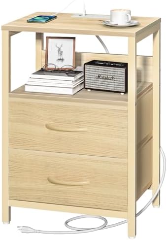 Yoobure Nightstand with Charging Station, Small Night Stand with Fabric Drawers and Storage Shelf for Bedrooms, Nightstands for Small Spaces, Bedside Table with USB Ports & Outlets, Bed Side Table