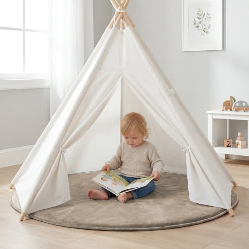 Baby Play Mat for Floor,1.3" Thick Elasti-Foam 79in Round Mat for Tummy Time,Non-Toxic Certified Water Repellent Soft Coral Velvet for Toddler,Infant,Kids,Non-Slip Backing Safe for Crawling(Beige)