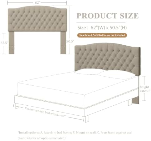 Furpopup Linen Queen Size Headboard Only, Upholstered Wall Mount, Linen
