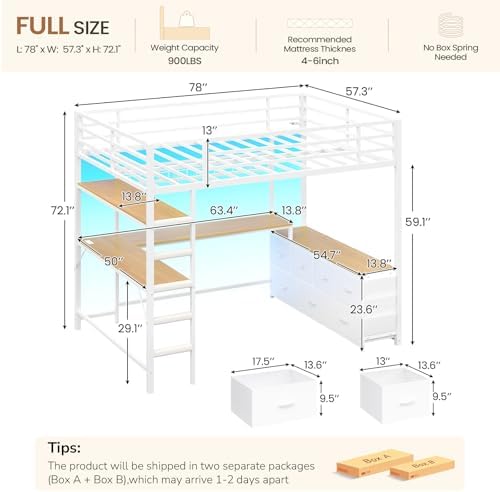 DICTAC Loft Bed Full Size with U-Shaped Desk,7 Storage Drawers and Charging Station,Metal Full Loft Bed with Led Lights and 2-tier Storage Shelves,loft full bed with Safety Guardrail and Ladders,White