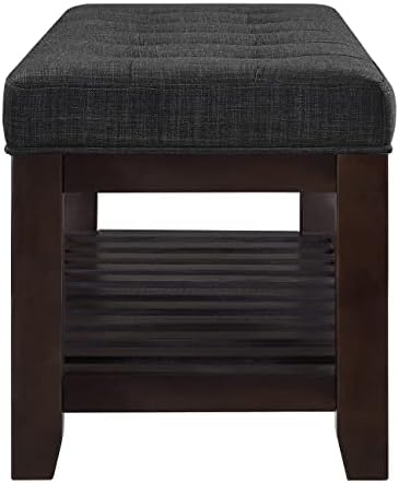 24KF Large Rectangular Upholstered Tufted Linen Ottoman Bench, Padded Bench with Solid Wood Shelf-Dark Gray