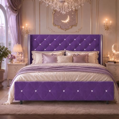 HOMBCK Queen Bed Frame with Velvet Headboard, Silverside Wingback, Purple