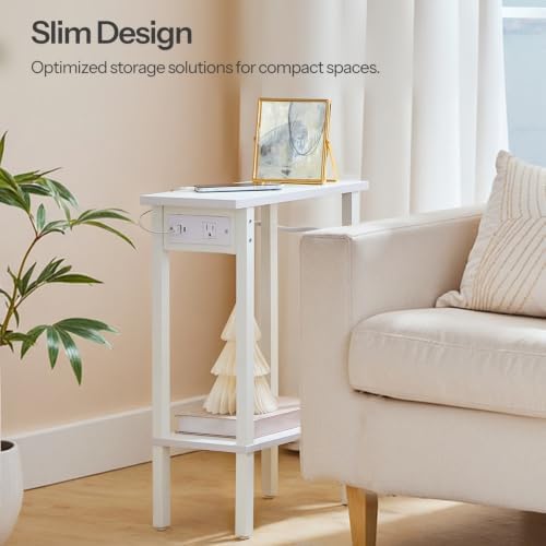 HOOBRO Narrow Side Table, 2-Tier Slim End Table with Charging Station, Skinny Nightstand with Open Storage, for Small Spaces, Living Room, Bedroom, Study, White WT240UBZ01