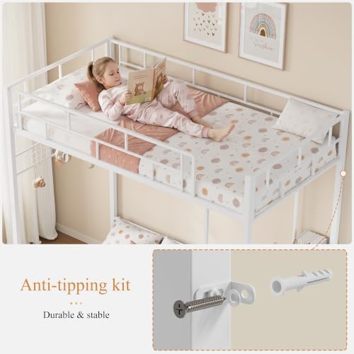 Bunk Bed Twin Over Twin with Desk, L-Shaped Loft Beds with Charging Station, 3 Storage Drawers & Shelves, Bunk Beds with Safety Guardrail & Ladder for Kids/Teens, No Box Spring Needed, White